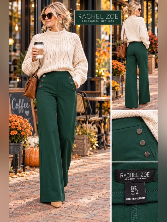 Rachel Zoe Pants - Rachel Zoe Hunter Green Wide Leg Sailor Button Pants Size 6